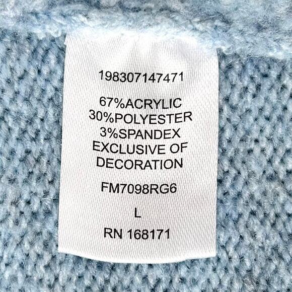 Farmers Market Blue Chunky Cable Knit Scarf Fringe Crewneck Sweater Large - Picture 9 of 9